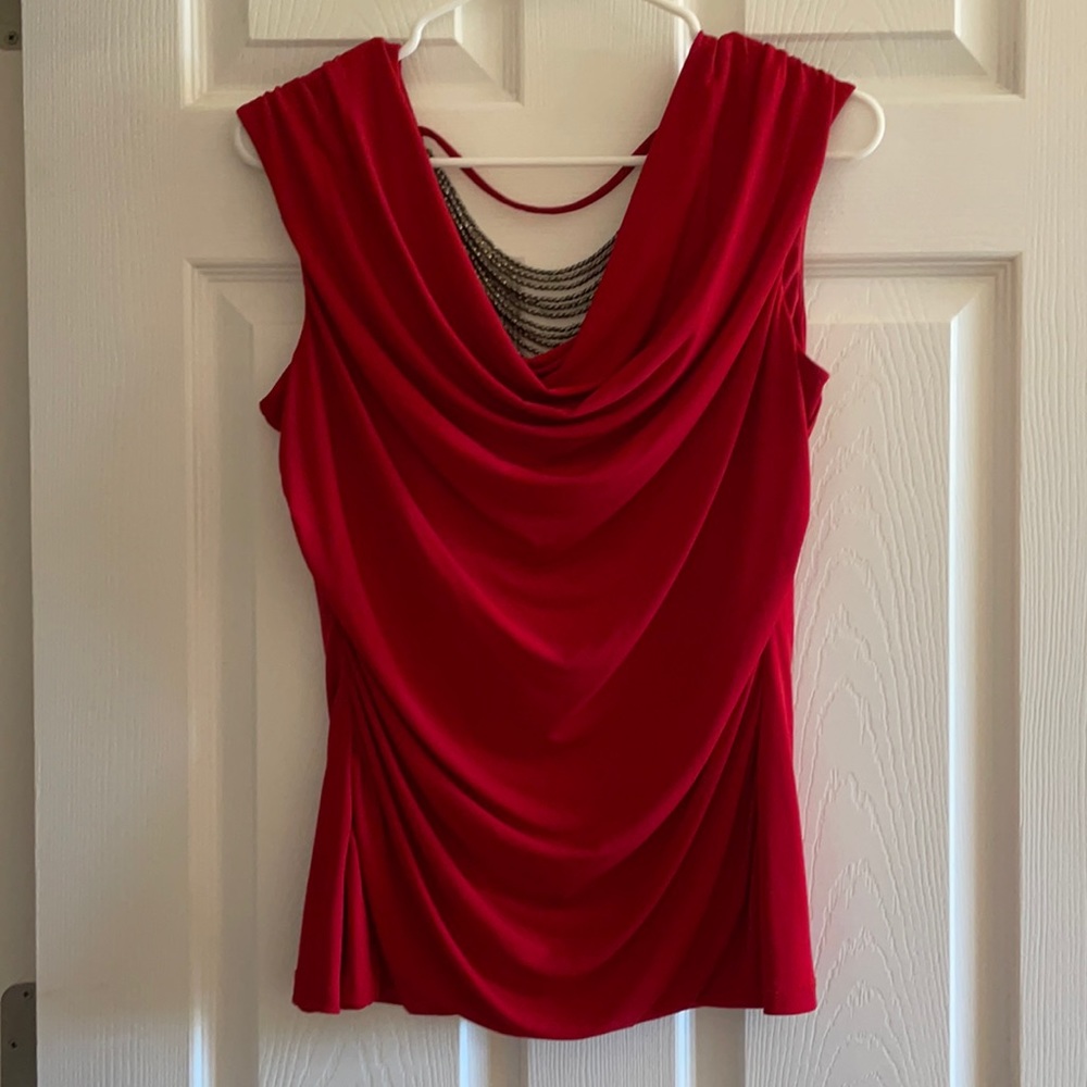 Red Ruched sleeveless blouse with beaded back, XL